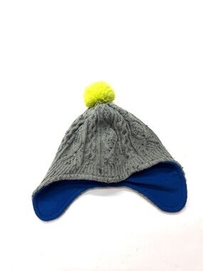 Mini Boden Gray Cable Knit Earflap Winter Snow Hat Blue Lining and Yellow Pom
